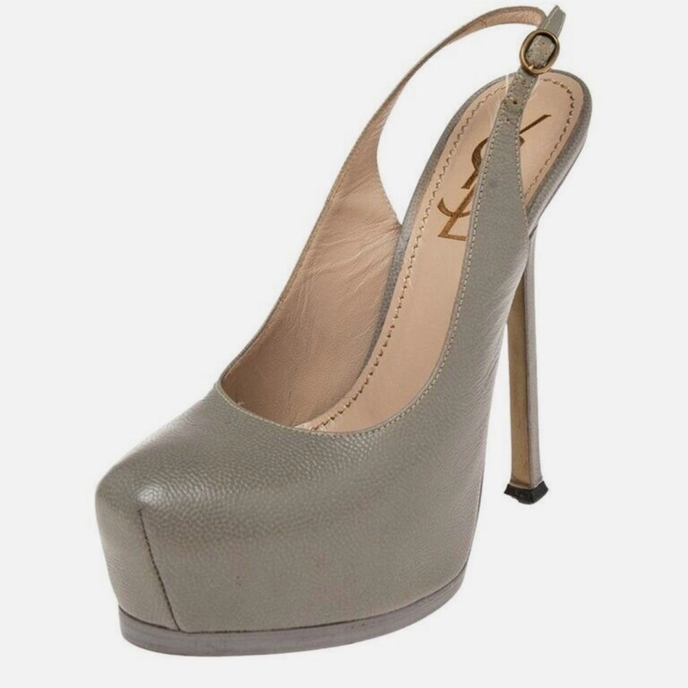 Yves Saint Laurent Gray Leather Slingback Platform Pumps
